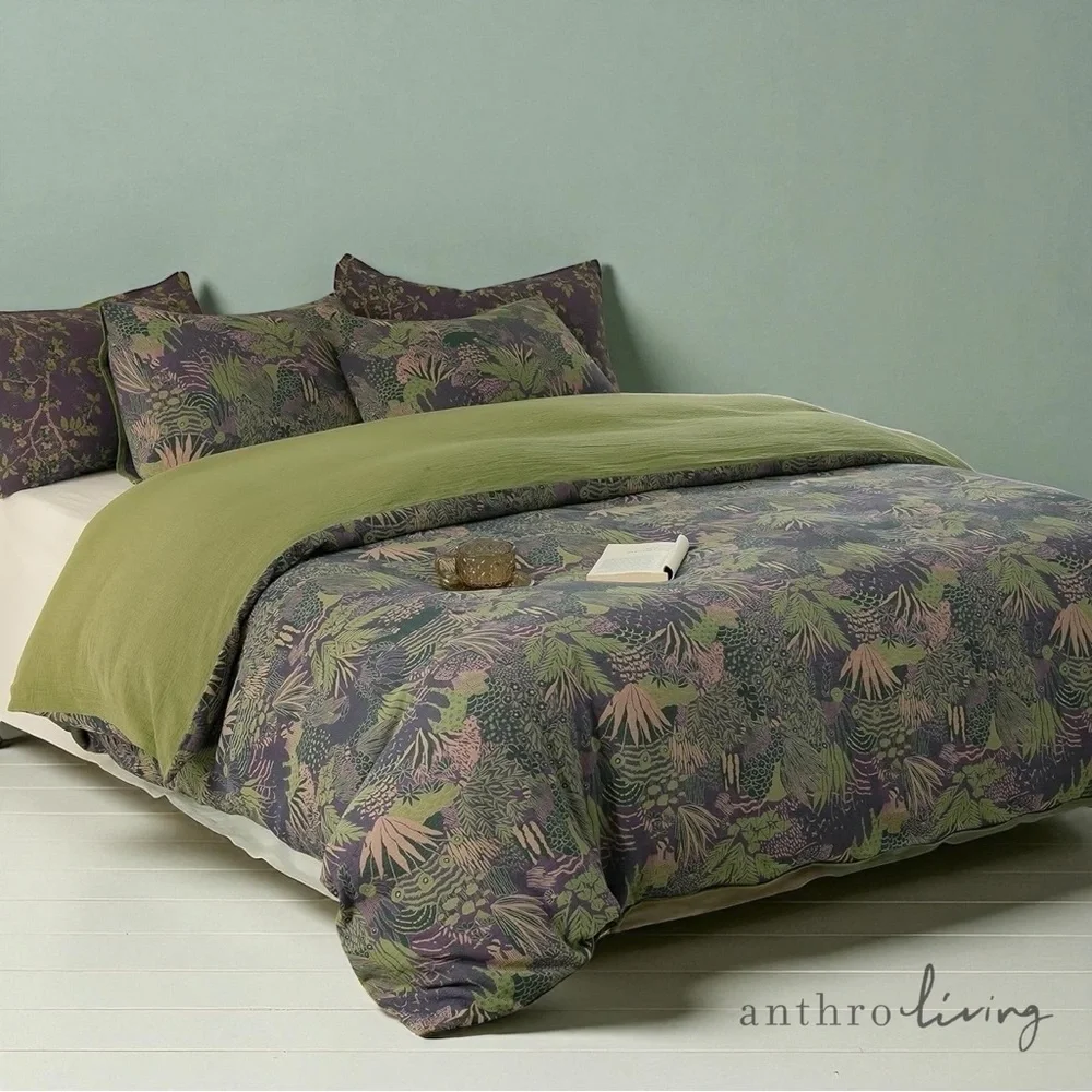 NEW Anthropologie Green Purple Floral Muslin Queen / King Bedding Duvet Sham Set